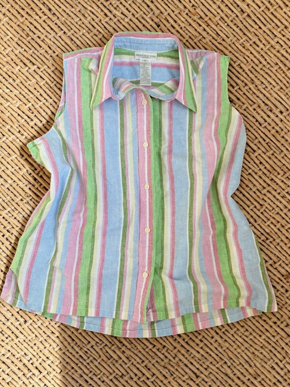Vintage Linen Blend Pastel Striped Sleeveless Button Down Coastal Summer Top